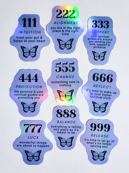 Angel Number Sticker Set - Pack of 9 Stickers - decal 111 222 333 444 555 666 777 888 999 meanings butterfly reading affirmation numbers